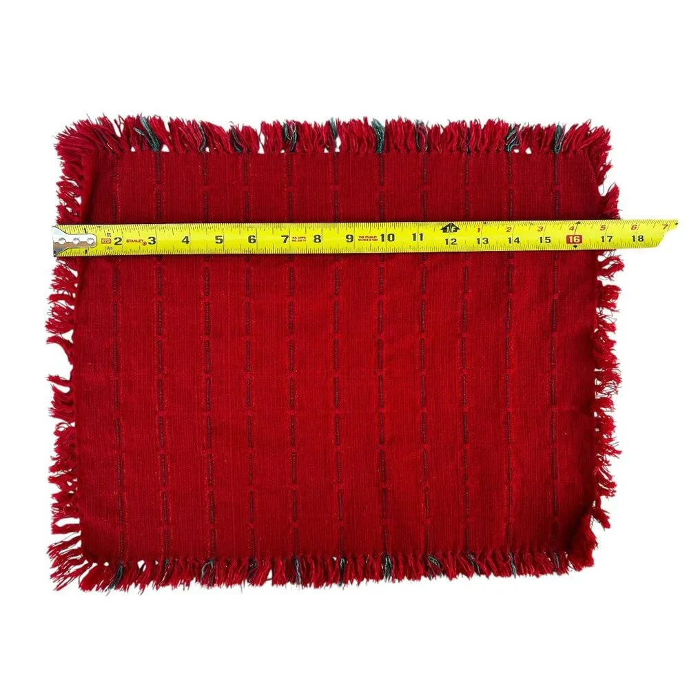 Set Of 4 Handmade Woven Red Placemats & Napkins Fringe Edges & Green Accent